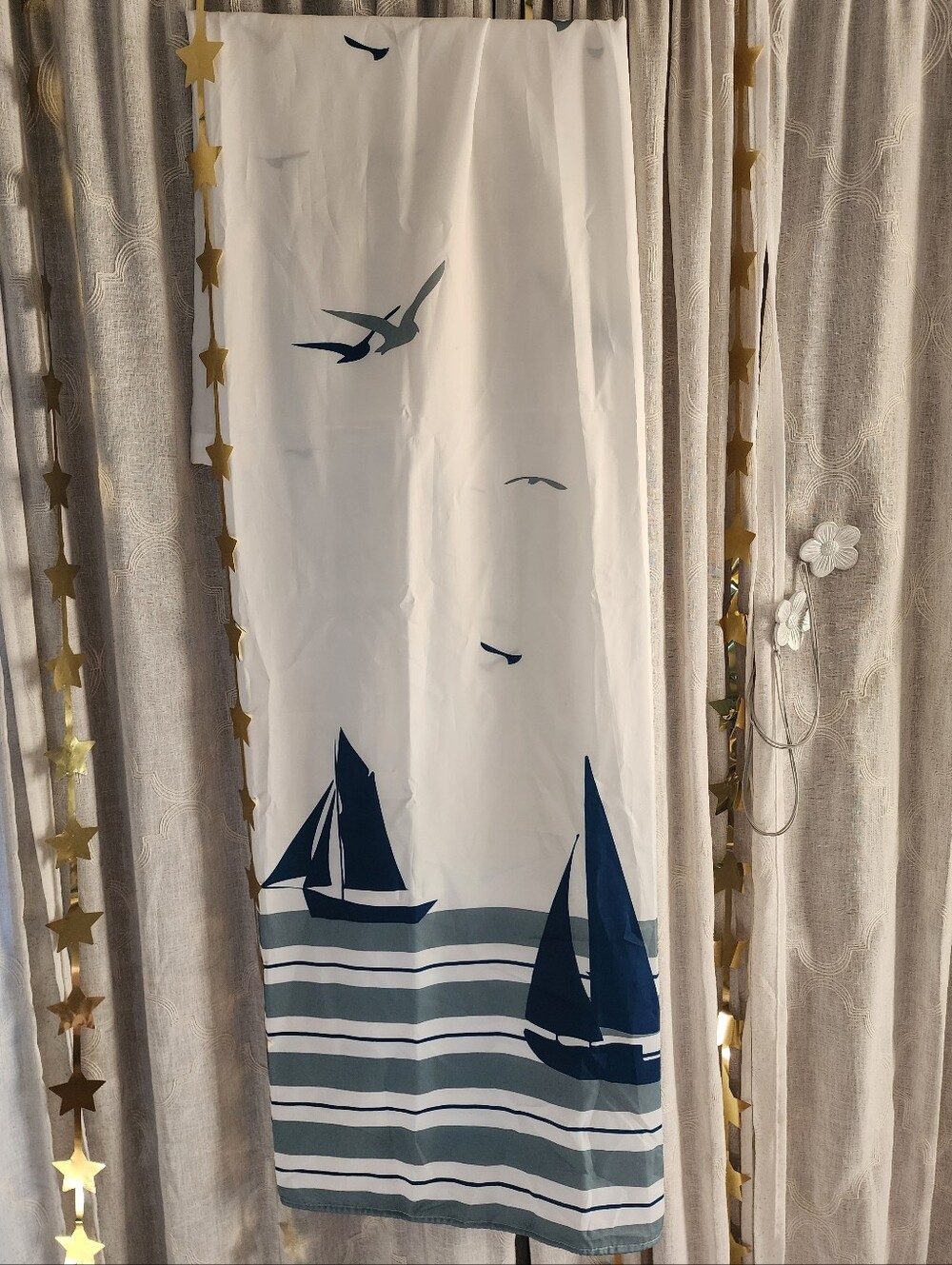 Nautical Sailboat Shower Curtain Panel in White and Navy